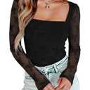 AGECODE Women's Square Neck Mesh Lace Long Sleeve Bodysuit Shirts Ruched Body Suit Leotard Tops Black Large