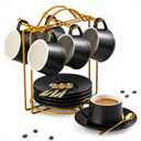 YHOSSEUN Ceramic Espresso Cups Set of 6, 4 Oz Expresso Shots Cup with Stand, Saucers & Spoons, Small Coffee Espresso Cup Demitasse Cups, Black