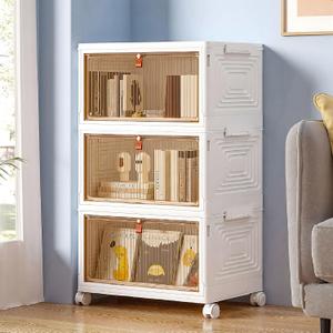 VECELO 3 Tier Storage Bins with Lid, Stackable Storage Boxes with Magnetic Doors & Wheels, Foldable Storage Containers, 23 QT Closet Organizers and Storage for Living Room, Office, Dorm