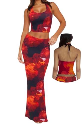 WUYLT Two Piece Maxi Skirt Set Women Sexy Floral Tie Dye Halter Top Long Skirts Vacation Sets Summer Outfits Suits 2026 Orange Red Small