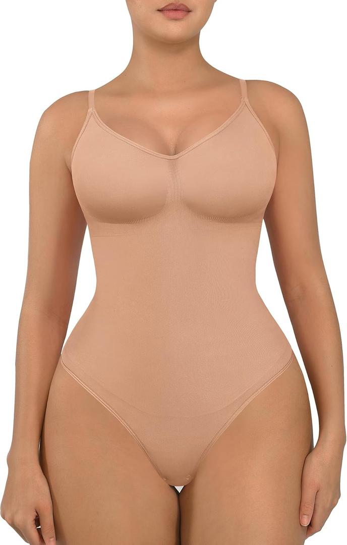 FeelinGirl Shapewear Bodysuit Tummy Control for Women Seamless Sculpting Snatched Waist Body Shaper Body Suit (Medium-Large, Ash Khaki)