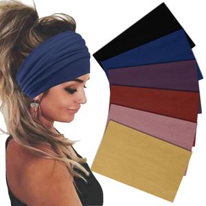 Wide Headbands For Women Stretch Headband Boho Head Bands Women's Hair Band Turban Workout Hairband Accessories 6 Pack (Black,Red,Purple,Yellow,Pink,Blue)
