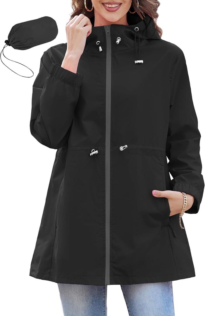 Zando Waterproof Rain Jacket Women Lightweight Raincoat for Women Packable Hooded Windbreaker for Outdoor Travel Hiking (Medium, Black)