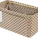 Purse Organizer Insert For Handbags, Silky Touching Bag Organizer Insert With Bottle Holder, Perfect for Speedy, Neverfull, Tote,ONTHEGO ,Artsy,Handbag and More (Slender Medium, Brown polk dots Beige)