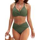 Blooming Jelly Women's High Waisted Bikini Sets Matel Tummy Control Swimsuits V Neck Twist Front Bathing Suit, M