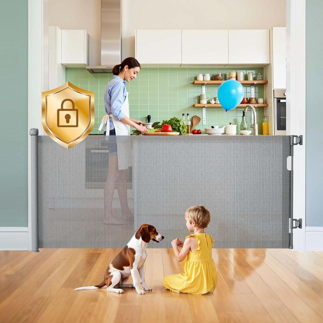 Hardware Mount Retractable Baby Gates for Stairs with Auto-Lock,33" Tall,Extends up to 71" Wide Mesh Double Lock Safety Baby Dog Pet Cat Gate for Doorways,Child Gate for Hallways Kitchen Indoor Grey