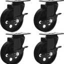 FactorDuty 4 All Black Metal Swivel Plate Caster Wheels w/Brake Lock Heavy Duty High-Gauge Steel (4" with Brake)