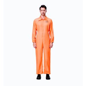 Women Men Prisoner Costume Long Sleeve Orange Jail Uniform Jumpsuit Halloween Funny Inmate Criminal Cosplay Outfits, M