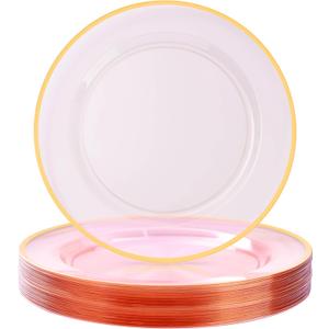 12 Inch Disposable Charger Plates, 25 Pack Plastic Clear Pink Plates with Gold Rim, Perfect Table Decor for Party, Wedding, Dinner