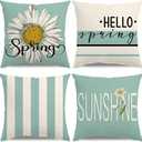 Spring Pillow Covers 18x18 Floral Daisy Hello Spring Decorations Teal Striped Throw Pillow Covers Sunshine Farmhouse Cushion Case for Sofa Couch Set of 4