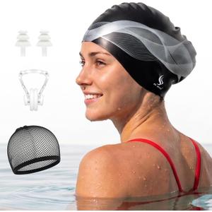 BENICE Silicone Swim Cap for Long Hair - X-Large Waterproof Swim Hat for Men Women Adults, Dreadlocks, Braids, Curls & Afros, Black