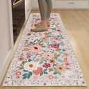 DUKINO 2x6 Runner Rug for Hallway, Washable Kitchen Runner Rug with Non Slip Backing, Low Pile Soft Boho Floral Runner for Kitchen, Hallway, Entryway, Laundry, Bedroom, Beige