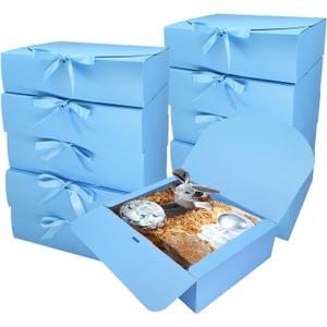 10 PCS Gift Boxes with Lids, 10.6x7.8x3.1 Inch Kraft Paper Gift Box, Blue with Ribbon, Bridesmaid Proposal Box for Wedding, Packaging, Present, Birthday, Cupcake,Groomsmen Proposal