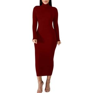 BORIFLORS Women's Sexy Basic Long Sleeve Turtleneck Bodycon Party Long Pencil Dress, Small, Wine Red