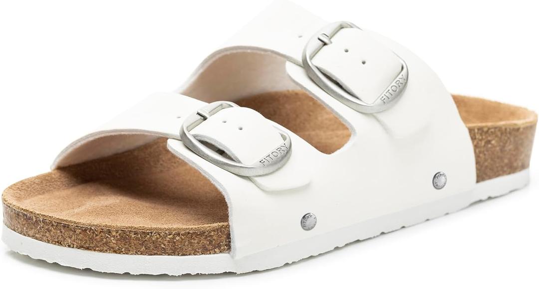 FITORY Womens Flat Sandals with Cork Footbed, Open Toe Arch Support Slides Adjustable Slip On Slippers for Summer 2026 Size 6-11