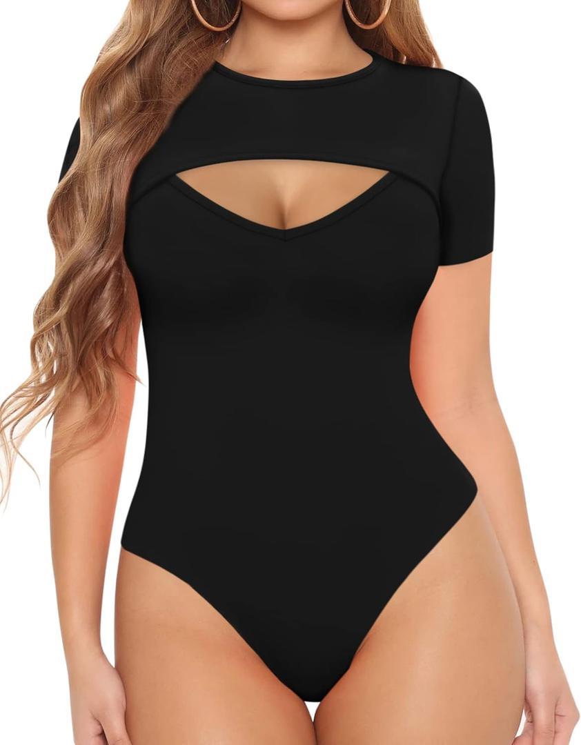 MANGOPOP Womens Short Sleeve Bodysuit V Shape Cutout Front T Shirt Body Suits, S MANGOPOP Womens Short Sleeve Bodysuit V Shape Cutout Front T Shirt Body Suits, S