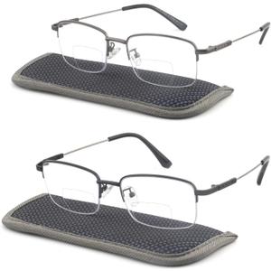 Bifocal Reading Glasses for Men, Half Metal Frame Flexible Titanium Arm Bi-focal Readers Blue Light Blocking Black +Gun Metal, +1.75