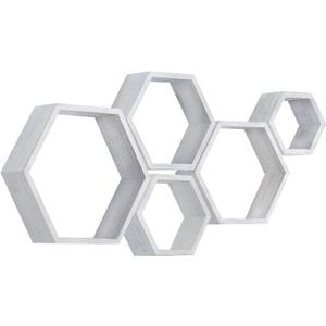 PHOENANCEE Hexagon Floating Shelves,Wall Mounted Wood Farmhouse Storage Honeycomb Wall Shelf Set of 5,for Bathroom, Kitchen, Bedroom, Living Room,Office,Driftwood Finish (Weathered White)