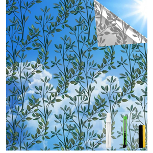 QHYsunshine One Way Privacy Film, Window Tint for Home,Daytime Reflective, Anti UV Static Cling Sliding Door Coverings No Glue Garage Solar Paper (Silver-Leaves, 45.27 x 157.4 in)