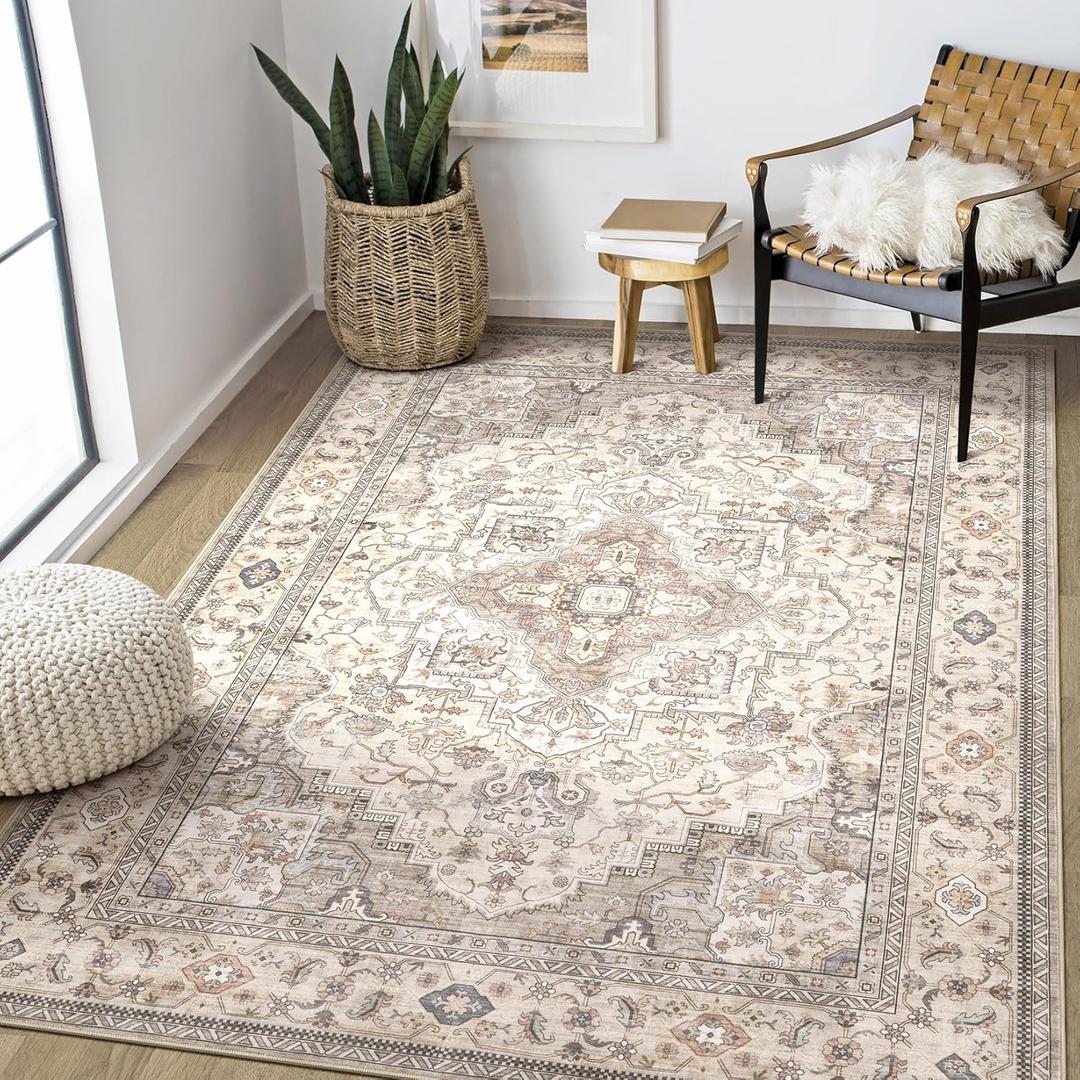 Washable Area Rugs for Living Room - 5x7 Neutral Vintage Distressed Floral Farmhouse Boho Large Soft Floor Rug Indoor Non Slip Carpet for Bedroom Dining Room Office - Brown/Multi