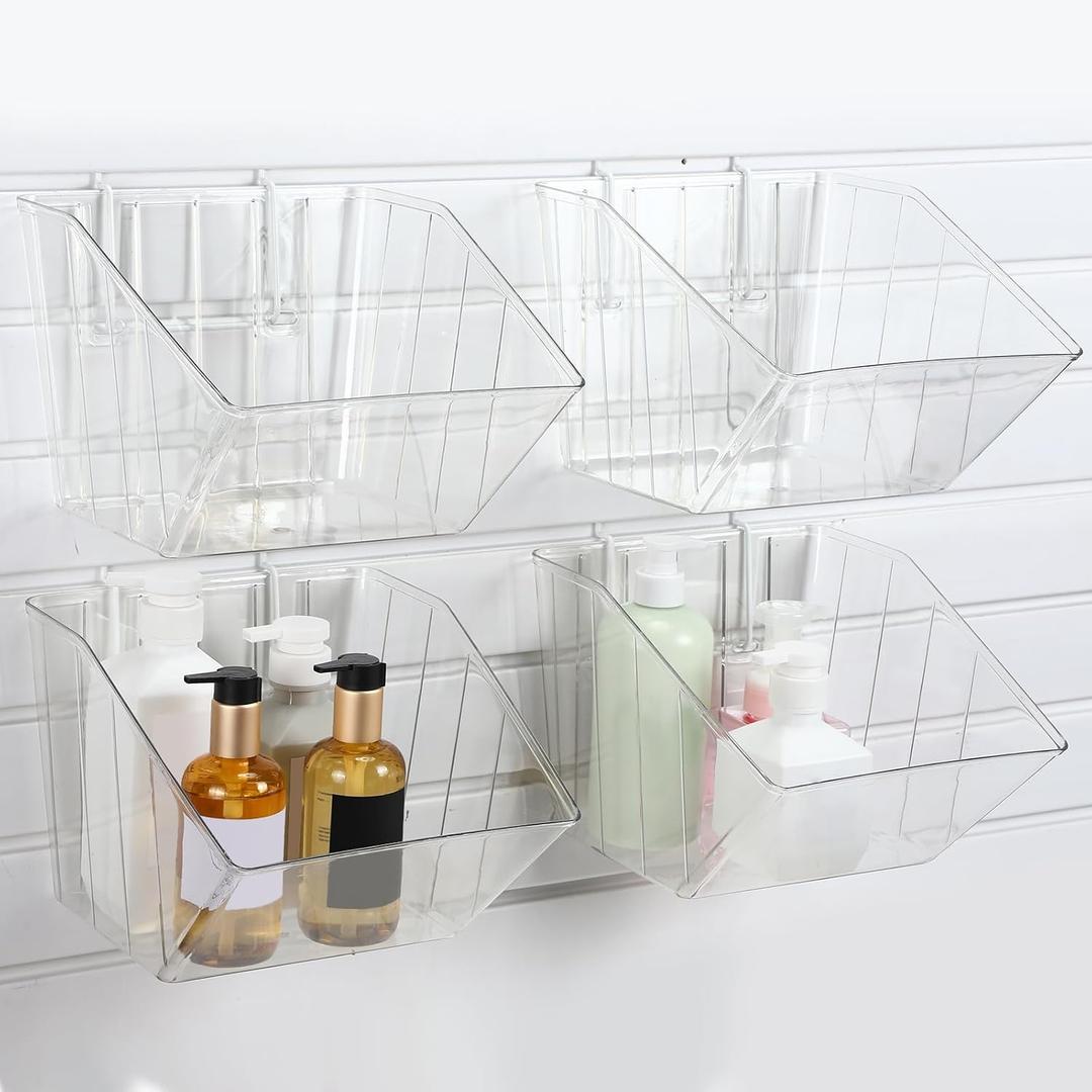 FoldTier 4 Pcs Slatwall Bins with Hooks, Plastic Wall Mounted Storage Bins Slatwall Accessories Organizer Containers for Organizing Hardware Tool Garage Wall DIY Craft Workbench(Clear)