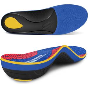 WalkHero Plantar Fasciitis Insoles - Arch Support Inserts for Men Women,Orthotic Insoles Foot Pain Relief,Shock Absorption and Heel Cushioning Cup Mens 5-5.5 | Womens 7-7.5 (Deep Blue Red)