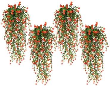 SJL Small Hanging Plant Pack of 4 Fake Hanging Ferns Artificial Plants Faux Hanging Plants Flower Plastic Leaf Realistic Greenery All Year Round Decor for Indoor Outdoor Wall Yard (Tangerine)