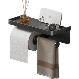 Double Toilet Paper Holder with Shelf, Commercial Toilet Paper Towel Holder Wall Mount, Tissue Roll Holder for Bathroom Kitchen RV, Double Tissue Roll Rack with Adhesive & Screw (Matte Black)