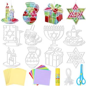 Watersay 40 Set DIY Hanukkah Suncatcher Craft Chanukah Paper Suncatchers Crafts Stained Glass Effect Paper Star of David Jewish Menorah Suncatcher Crafts for Window Art Classroom Art Decor