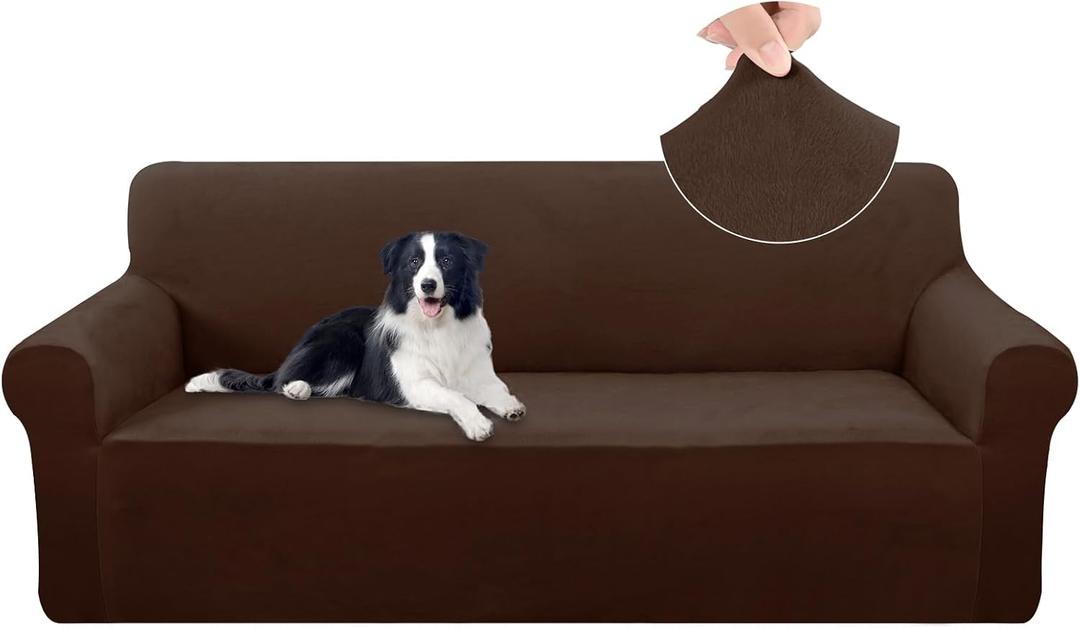 U-NICE HOME Velvet Sofa Cover Stretch Couch Covers for 3 Cushion Furniture Protector Sofa Slipcover (Large, Chocolate)