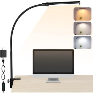 ShineTech LED Desk lamp with Clamp, Eye-Caring Clip Lights for Home Office, 3 Colors Full Brightness, Flexible USB Adapter Table Lamp, Black (3CCT in One (3000K/4000K/6000K))