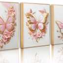 ACWOWO Pink and Gold Butterfly Floral Canvas Print Gold Frame Wall Art, 24"Lx16"W-Metal Framed