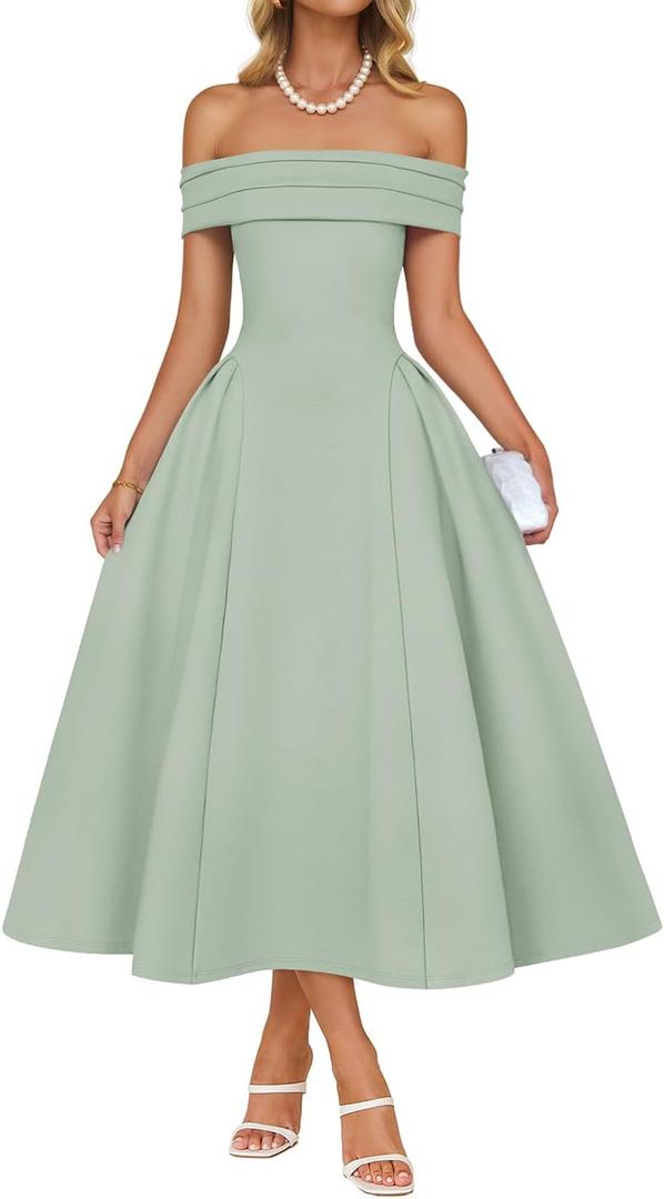 ZESICA Cocktail Dresses for Women's Elegant Off Shoulder Short Sleeve Swing A Line Wedding Evening Party Midi Dress (Light Green)