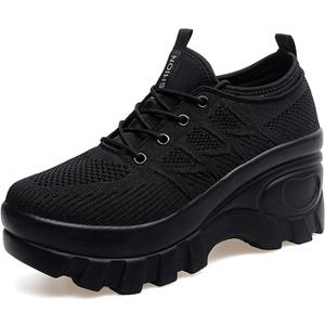 Women's Chunky Platform Comfort Orthopedic Wedge Walking Shoes Fashion Knitted Breathable Lace Up Lug Sole Casual Non-Slip Running Shoes with Arch Support (Black)