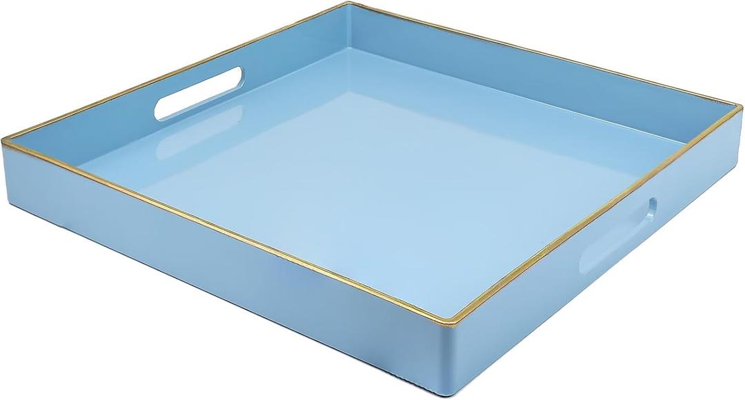 Spsyrine Light Blue Decorative Tray for Living Room, Square Modern Plastic Coffee Serving Table Tray for Ottoman Bathroom, Kitchen, 13"*13".