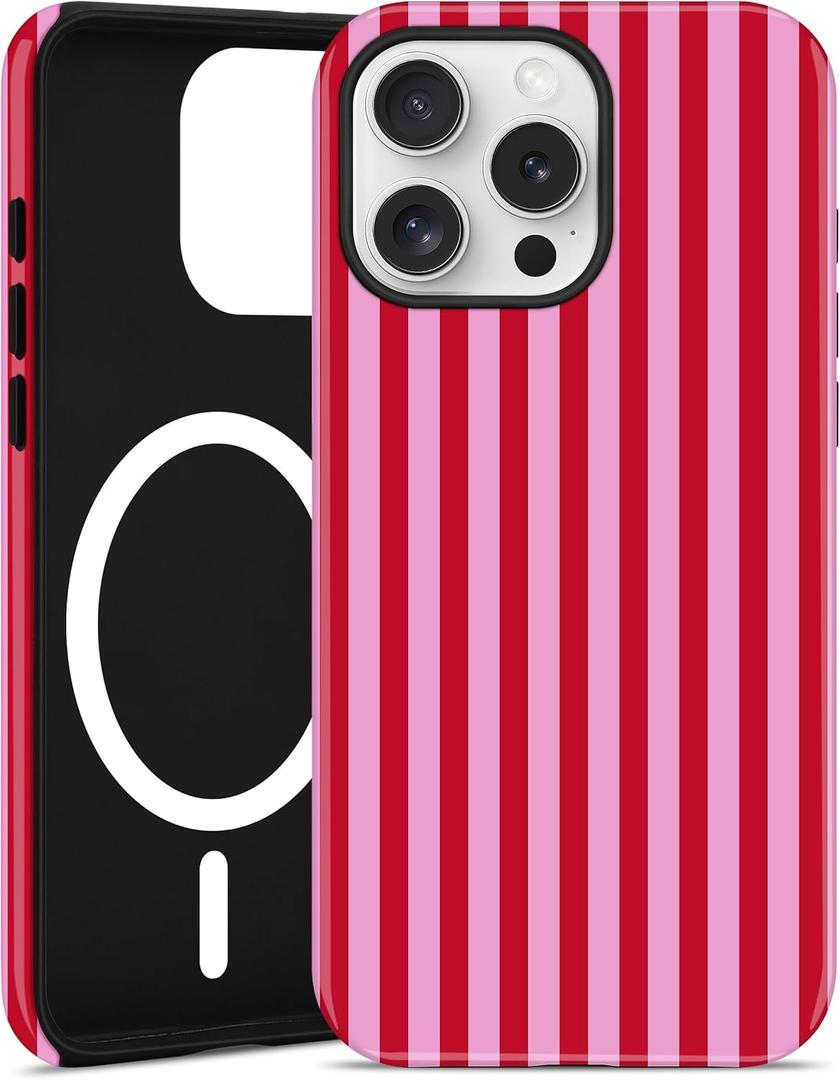 Jusy Compatible with MagSafe Striped Case for iPhone 17 Pro, Cute Aesthetic Striped Magnetic Phone Case, Soft TPU and Hard PC Protective Phone Cover for Women Girls(Matte) - Red