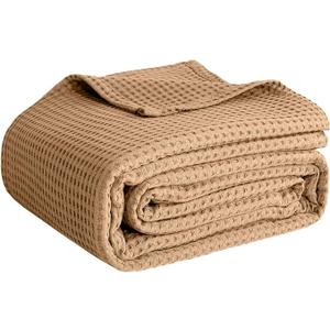 100% Cotton Blankets Queen Size for Bed - Waffle Weave Blankets for Summer, Lightweight and Breathable Soft Woven Blanket for Spring, White, 90x90 Inches (Beige, Queen (90" x 90"))
