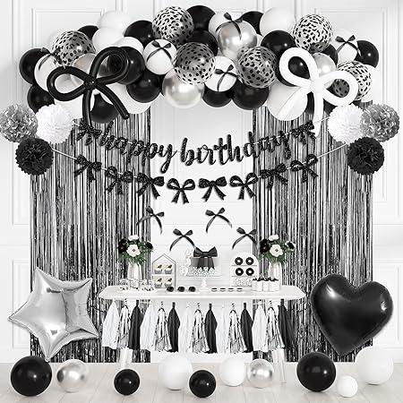 Black Bow Birthday Party Decorations, Coquette Bow Black and White Silver Confetti Long Balloons Happy Birthday Banner Fringe Curtain Tassel Pompoms for Women Girls Theme Baby Shower Party Supplies
