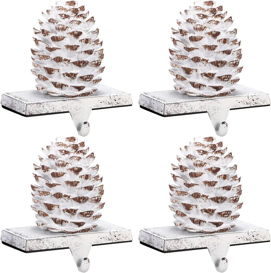 Hotop 4 Pieces Christmas Pine Cone Stocking Holder Metal Mantel Stocking Hanging Hook Xmas Pine Cone Stocking Holder Fireplace Stocking Hanger for Fireplace Mantel Christmas Decor