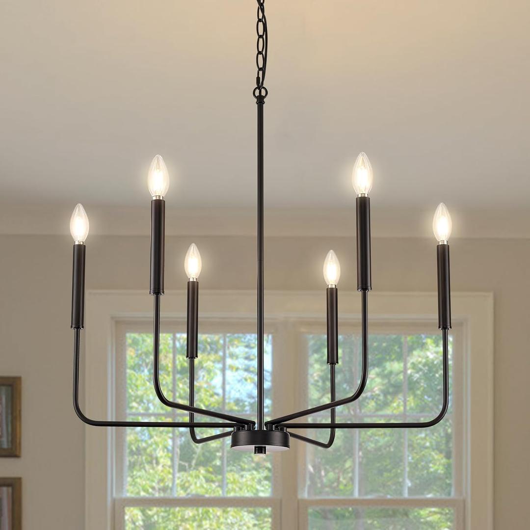 Modern Black Chandelier for Dining Room, Metal 6-Light Kitchen Light Fixtures, Farmhouse Candle Hanging Pendant Light for Living Room Entryway Foyer Bedroom (Bulbs Not Included)