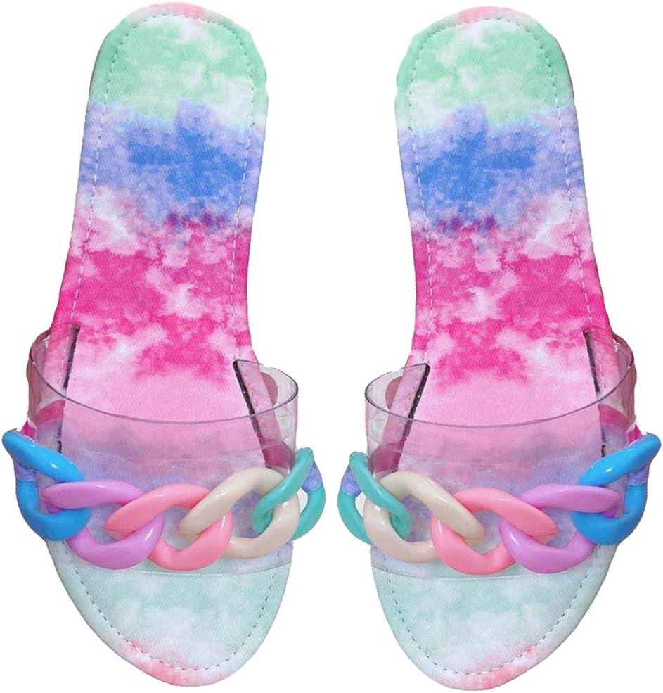 YSMIIH Women Sandals Beach Open Toe Flat Slippers Transparent TPR Fashion Colorful Chain Clear Slide Flip Flops Slip on Outdoor Beach (8)