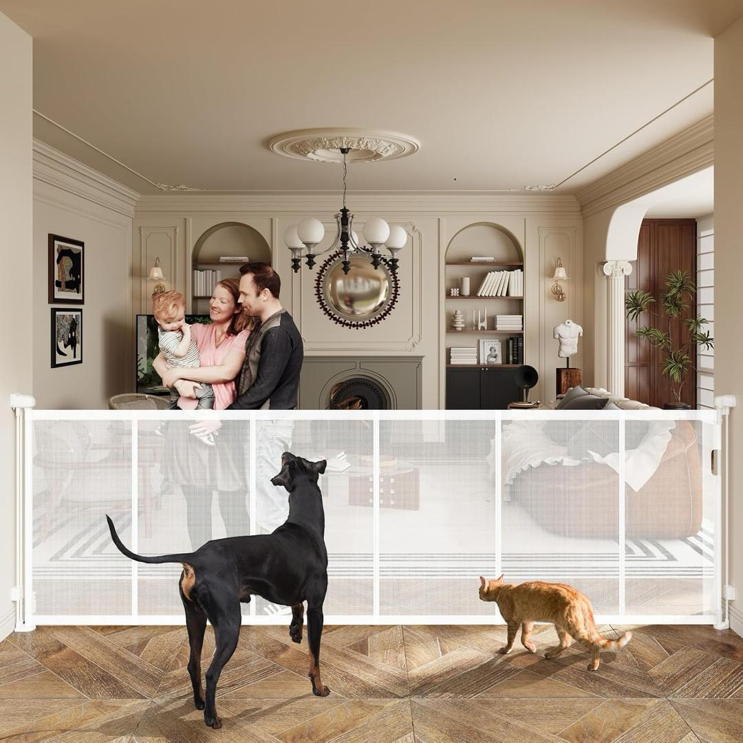 150" Extra Wide Retractable Baby Gates Dog Gate for Large Opening, 41" Extra Tall Mesh Pet Gate, Long Child Safety Gates with Fiberglass Rods for Stairways, Doorways, Hallways - Indoor/Outdoor Use (White)