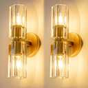 Gold Crystal Wall Sconces Set of Two, Wall Sconce Set of 2, Brass Sconces Wall Lighting with K9 Crystal Lampshade, Wall Lights for Bedroom Living Room Bathroom Hallway