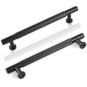 SALISENG -5 Inch Matt Black Kitchen Cabinet Handles, 5 Pack Solid Brass Drawer Dresser Pulls, Modern Cabinet Hardwares for Bathroom Bedroom Cupboard Wardrobe Closet