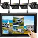 4 Magnetic Solar Wireless Backup Camera System, 10.1" IPS DVR Touchscreen, 2 Rearview + 2 Sideview Night Vision Cameras for Hitching Trailer Camper, 4x9600mAh Rechargeable Solar Battery, AT4