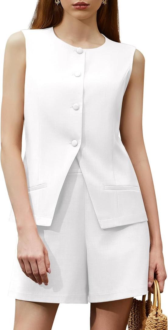 Women's Summer 2 Piece Outfits Sleeveless Round Neck Button Down High Waisted Pants Business Work Sets (White) XS 