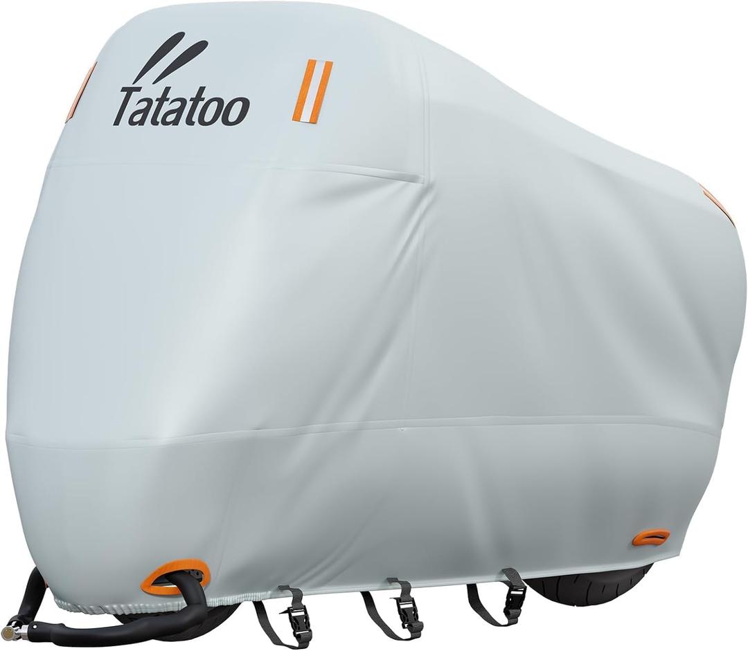 TATATOO Motorcycle Cover Waterproof Outdoor, 300D Heavy Duty, UV & Rain Resistant, 3 Wind-Resistant Buckles, Dual Lock Holes, Includes Storage Bag, Fits Most Motorcycles up to 104", Silver