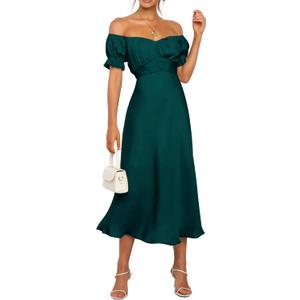 KIRUNDO Women's 2025 Summer Fall Satin Wedding Guest Midi Dress Off The Shoulder Wrap Party Cocktail Formal Prom Dresses (X-Large, Dark Cyan)