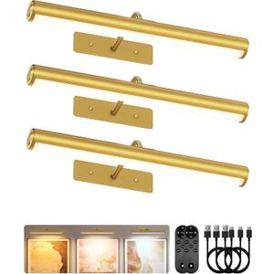 EZVALO 16" Picture Lights for Wall, Rechargeable 6000mAh Painting Lights with Remote, Wireless Dimmable 3 Color Temperatures Art Lights for Gallery, Living Room, Hallway (Gold, 3 Pack) (Black)