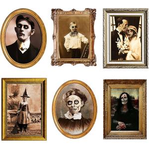 Halloween Decorations 3D Changing Face Horror Pictures Moving Portrait Haunted Pictures Gothic Mansion Portraits Tabletop Picture Frame Scary Wall Decoration for Halloween Party House (Chic,6 PCS)